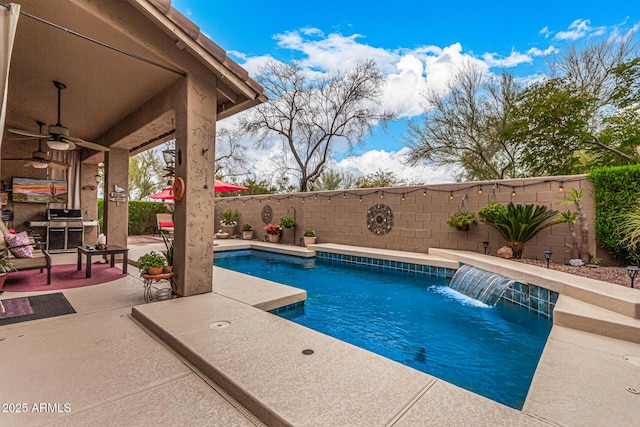 view of swimming pool with ceiling fan, a patio area, a fenced backyard, and a fenced in pool