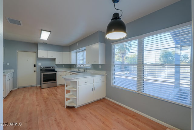 kitchen featuring electric range, pendant lighting, white cabinets, and light hardwood / wood-style flooring