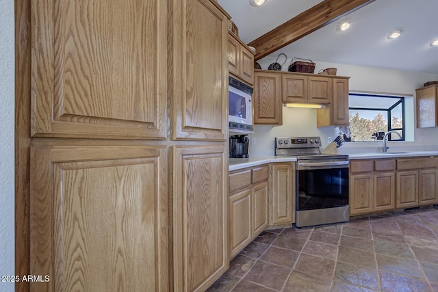 kitchen with vaulted ceiling with beams, white microwave, electric range, a sink, and light countertops