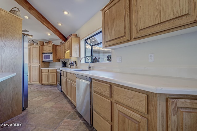 kitchen with beamed ceiling, light countertops, white microwave, a sink, and dishwasher