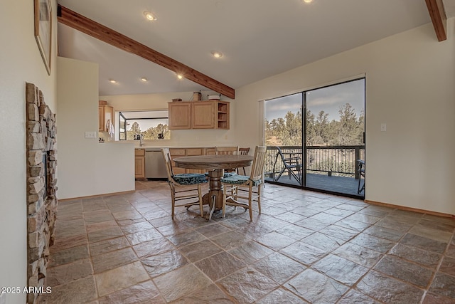 dining space featuring lofted ceiling with beams, stone tile floors, baseboards, and recessed lighting