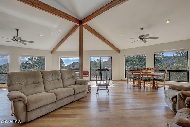 living area featuring lofted ceiling with beams, light wood-style flooring, and recessed lighting