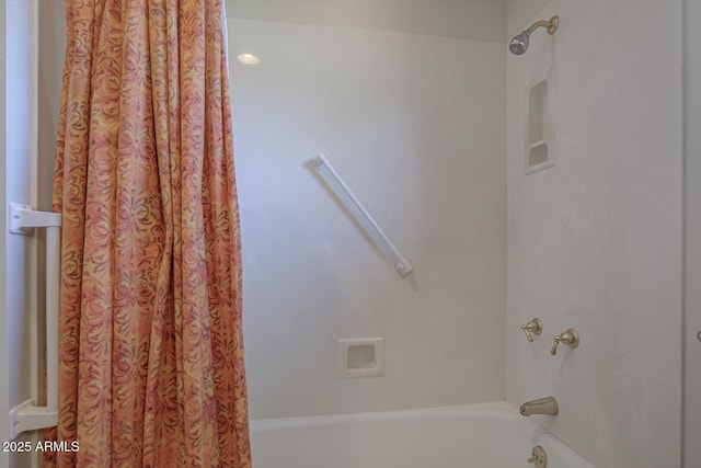 full bathroom with shower / tub combo with curtain