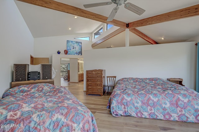 bedroom with beamed ceiling, multiple windows, high vaulted ceiling, and light wood-style floors