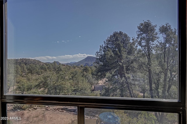 view of mountain feature with a forest view