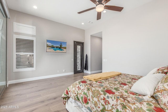 8725 E Menlo Cir, Mesa, AZ 85207 - bedroom featuring wood finished floors, baseboards, recessed lighting, and ceiling fan