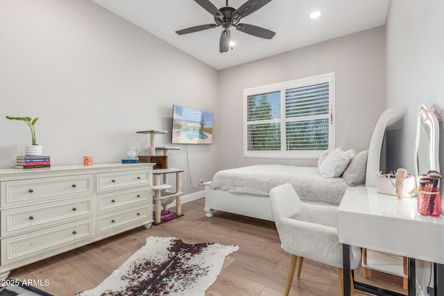 8725 E Menlo Cir, Mesa, AZ 85207 - bedroom featuring baseboards, light wood finished floors, recessed lighting, and a ceiling fan
