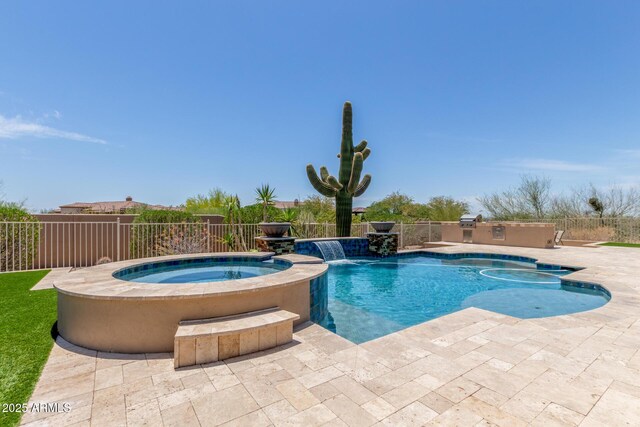 8725 E Menlo Cir, Mesa, AZ 85207 - view of pool with an outdoor kitchen, a patio, and a pool with connected hot tub