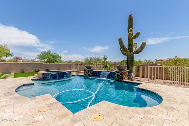 8725 E Menlo Cir, Mesa, AZ 85207 - view of swimming pool featuring a fenced backyard, a patio area, and a pool with connected hot tub