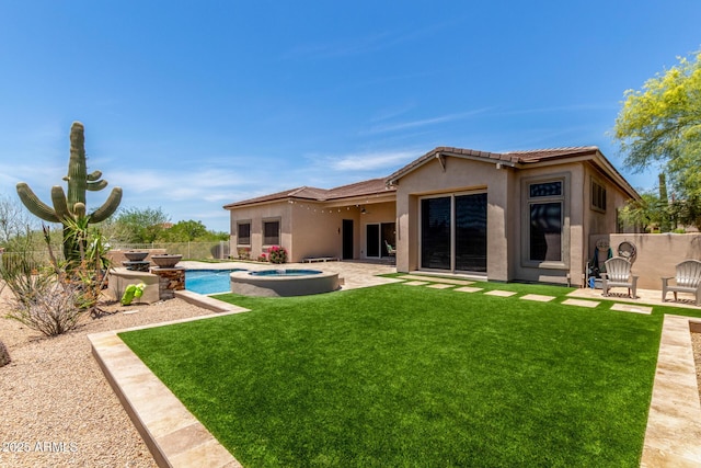 8725 E Menlo Cir, Mesa, AZ 85207 - rear view of property with a patio area, stucco siding, a tiled roof, and a pool with connected hot tub