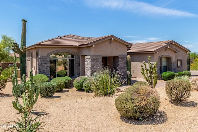8725 E Menlo Cir, Mesa, AZ 85207 - view of front of property with stone siding, stucco siding, and a tile roof