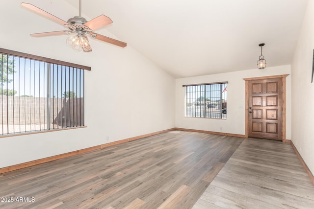 2356 N Glenview, Mesa, AZ 85213 - interior space featuring a ceiling fan, high vaulted ceiling, wood finished floors, and baseboards