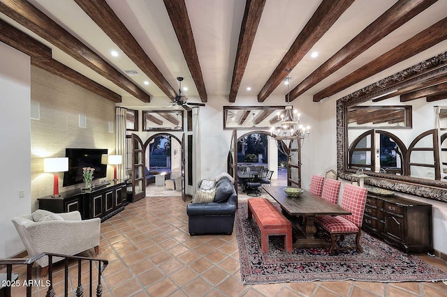 2041 W Hemlock Way, Chandler, AZ 85248 - dining space featuring beam ceiling, tile patterned flooring, recessed lighting, ceiling fan, and a chandelier