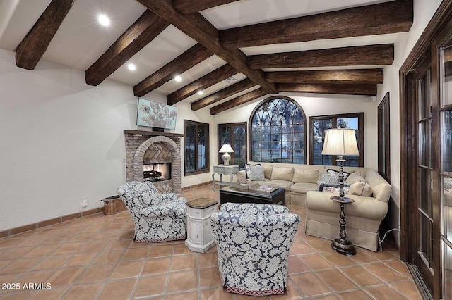 2041 W Hemlock Way, Chandler, AZ 85248 - tiled living room featuring a fireplace, baseboards, and recessed lighting