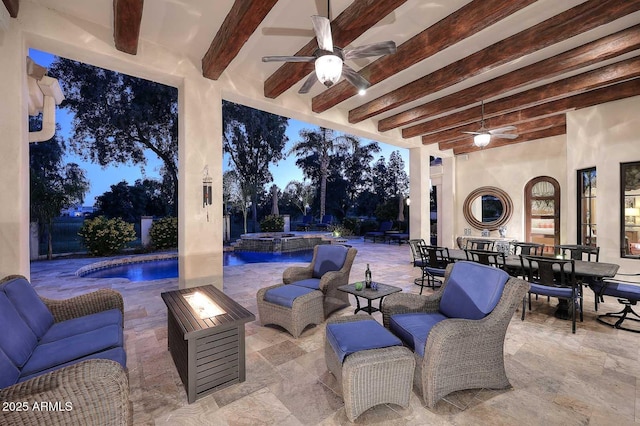 2041 W Hemlock Way, Chandler, AZ 85248 - view of patio featuring ceiling fan, an outdoor living space with a fire pit, a pool with connected hot tub, and outdoor dining area