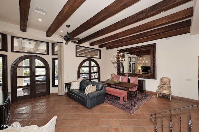 2041 W Hemlock Way, Chandler, AZ 85248 - tiled living area featuring french doors, baseboards, beam ceiling, plenty of natural light, and recessed lighting