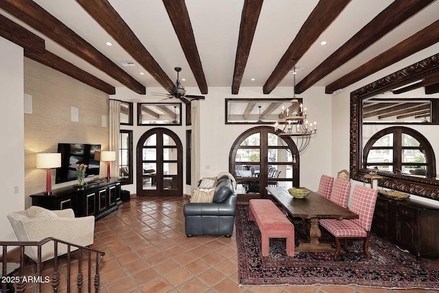 2041 W Hemlock Way, Chandler, AZ 85248 - dining room with french doors, a chandelier, beam ceiling, tile patterned floors, and recessed lighting
