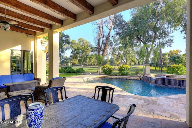 2041 W Hemlock Way, Chandler, AZ 85248 - view of patio / terrace featuring a fenced backyard, outdoor dining area, an outdoor hangout area, a pool with connected hot tub, and ceiling fan