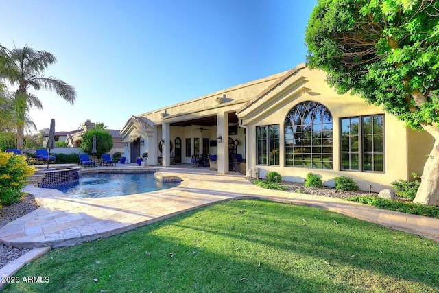 2041 W Hemlock Way, Chandler, AZ 85248 - view of pool featuring a patio area, a ceiling fan, a yard, and a pool with connected hot tub