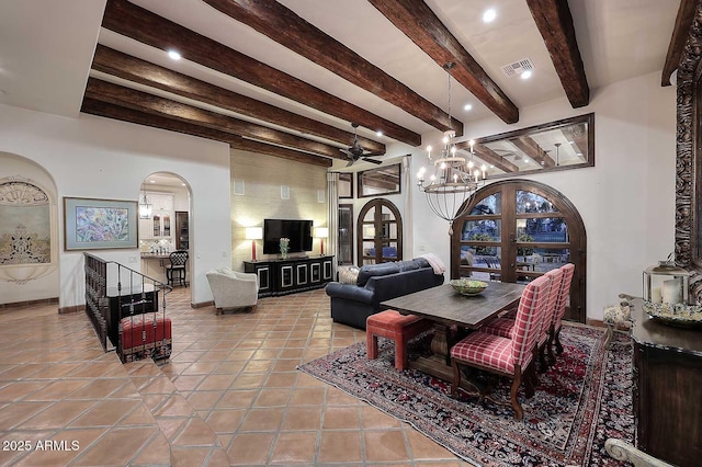2041 W Hemlock Way, Chandler, AZ 85248 - tiled dining space with arched walkways, beam ceiling, a chandelier, baseboards, and french doors