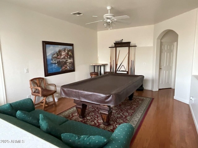 recreation room featuring pool table, wood-type flooring, and ceiling fan