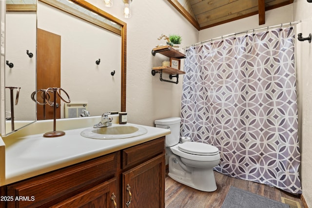 4511 N Ponderosa Dr, Pine, AZ 85544 - full bath with vanity, wood finished floors, vaulted ceiling, and a shower with curtain