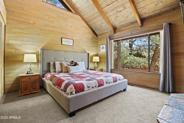 4511 N Ponderosa Dr, Pine, AZ 85544 - bedroom featuring wood ceiling, light colored carpet, and wood walls