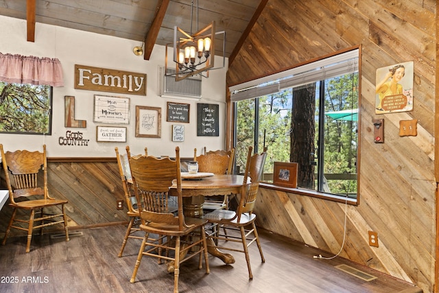 4511 N Ponderosa Dr, Pine, AZ 85544 - dining area with wooden walls, wood finished floors, wooden ceiling, and a chandelier
