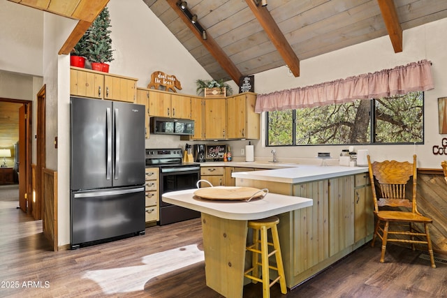 4511 N Ponderosa Dr, Pine, AZ 85544 - kitchen with appliances with stainless steel finishes, a peninsula, wood finished floors, light countertops, and a wood ceiling with exposed beams