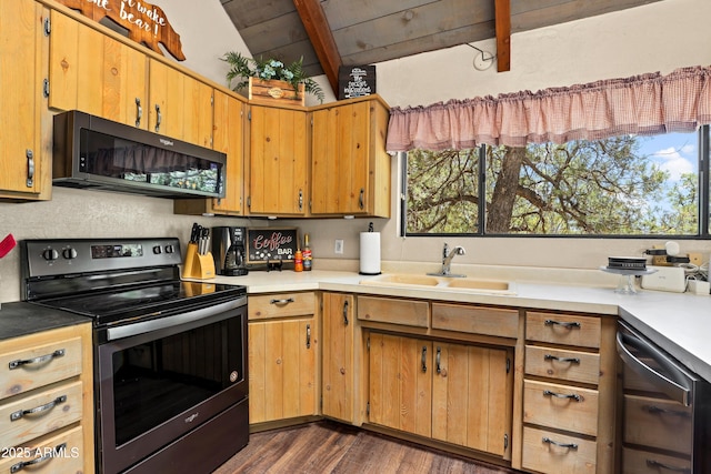 4511 N Ponderosa Dr, Pine, AZ 85544 - kitchen with stainless steel appliances, healthy amount of natural light, dark wood-type flooring, wood ceiling, and light countertops