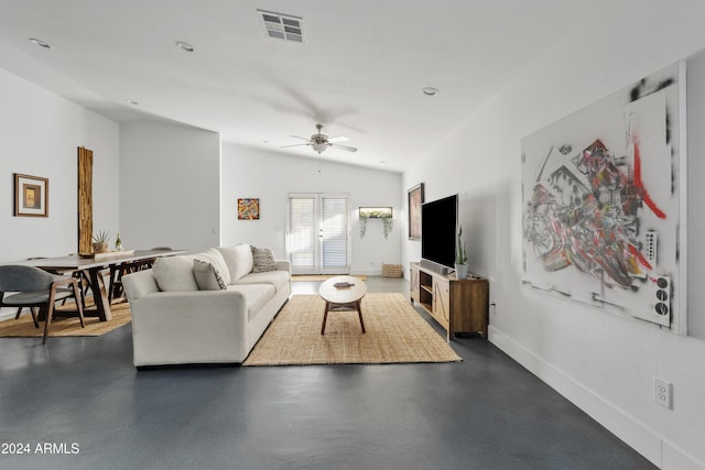 living room with vaulted ceiling and ceiling fan