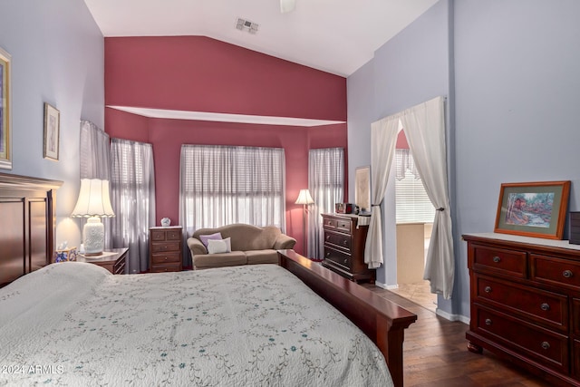 bedroom featuring lofted ceiling, multiple windows, and dark wood-type flooring