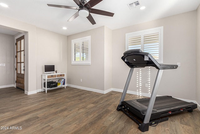 workout room featuring ceiling fan and dark hardwood / wood-style flooring