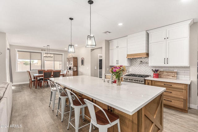 kitchen with a large island with sink, premium range hood, white cabinetry, high end stainless steel range, and light hardwood / wood-style floors