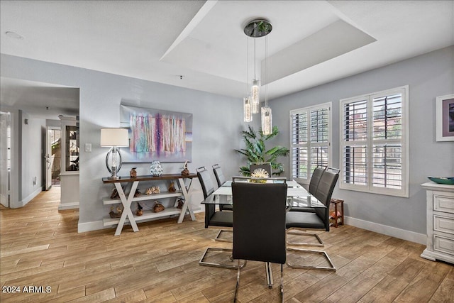 dining room featuring light wood-type flooring and a raised ceiling