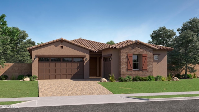 mediterranean / spanish-style home with a garage, a tiled roof, stucco siding, decorative driveway, and stone siding