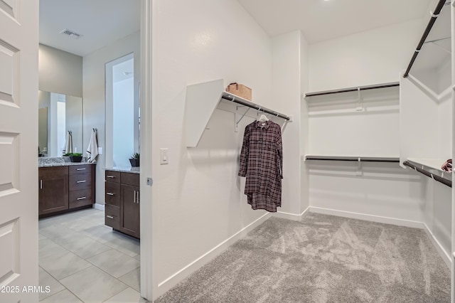 spacious closet featuring light colored carpet