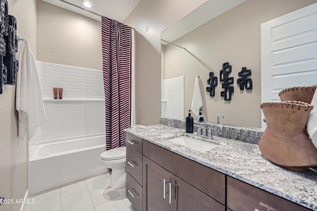 bathroom with toilet, vanity, tile patterned floors, and shower / tub combo with curtain