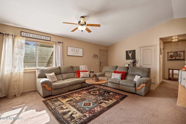 living room featuring light carpet, ceiling fan, and lofted ceiling