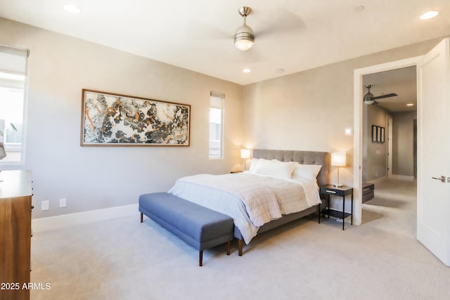 carpeted bedroom featuring recessed lighting, baseboards, and a ceiling fan