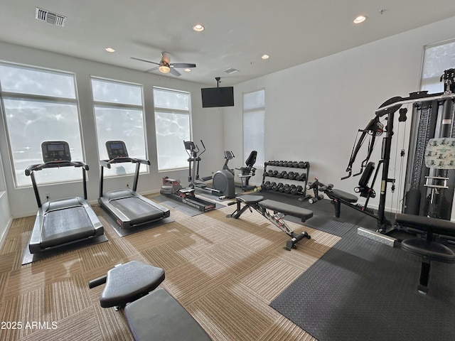 gym with ceiling fan, carpet, recessed lighting, baseboards, and visible vents