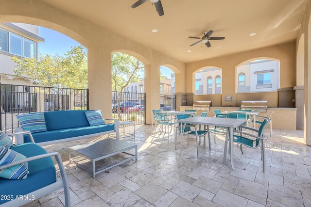 7464 E Paraiso Dr, Scottsdale, AZ 85255 - view of patio / terrace with area for grilling, ceiling fan, fence, and outdoor dining space