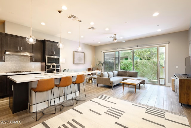 kitchen featuring under cabinet range hood, stainless steel appliances, light wood finished floors, and visible vents