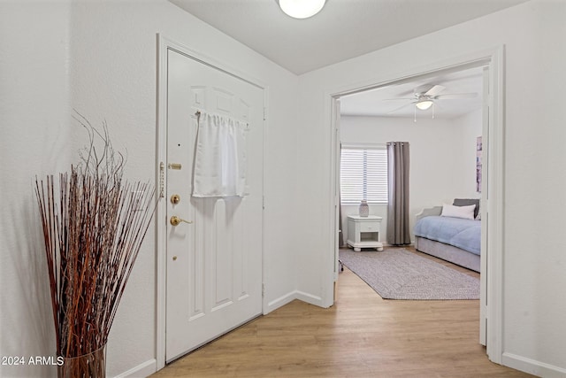 foyer featuring light hardwood / wood-style floors and ceiling fan