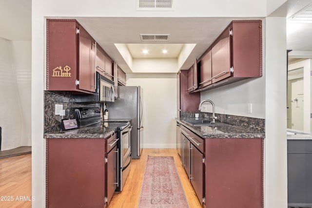 kitchen with a raised ceiling, sink, tasteful backsplash, light hardwood / wood-style floors, and stainless steel appliances