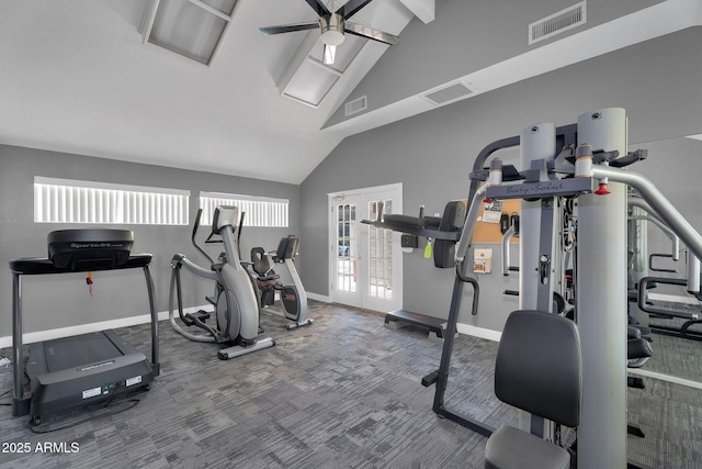 2333 E Southern Ave Unit 2016, Tempe, AZ 85282 - exercise room featuring a ceiling fan, french doors, high vaulted ceiling, carpet, and beam ceiling