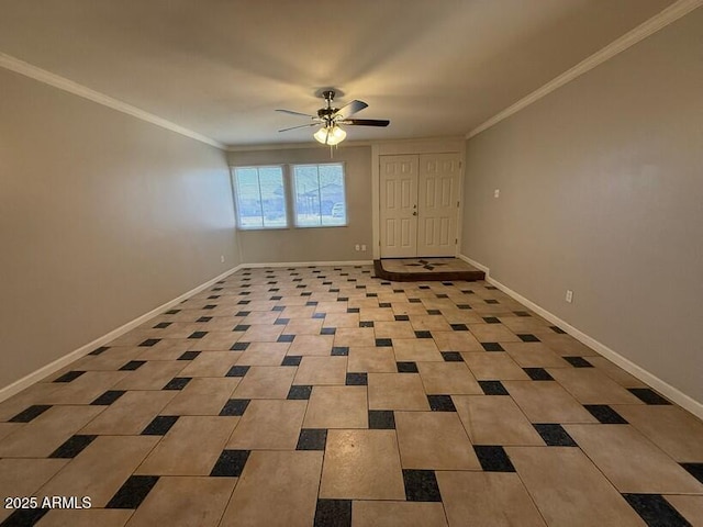 tiled spare room with ceiling fan, crown molding, and baseboards