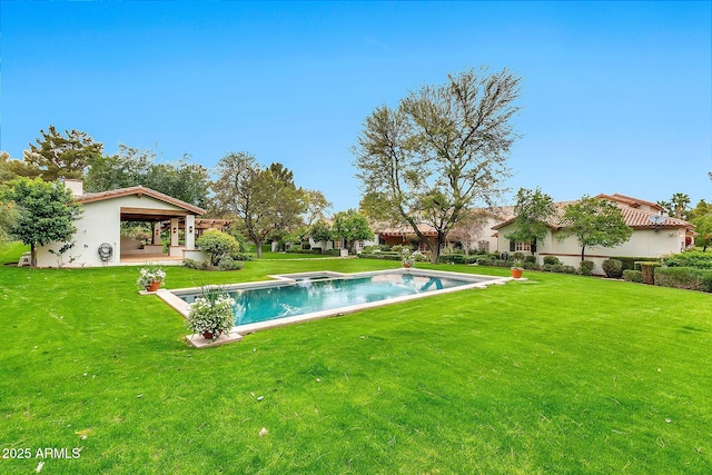 outdoor pool featuring a patio and a lawn