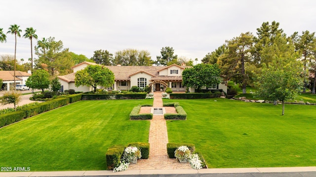 view of front of property with stucco siding and a front lawn