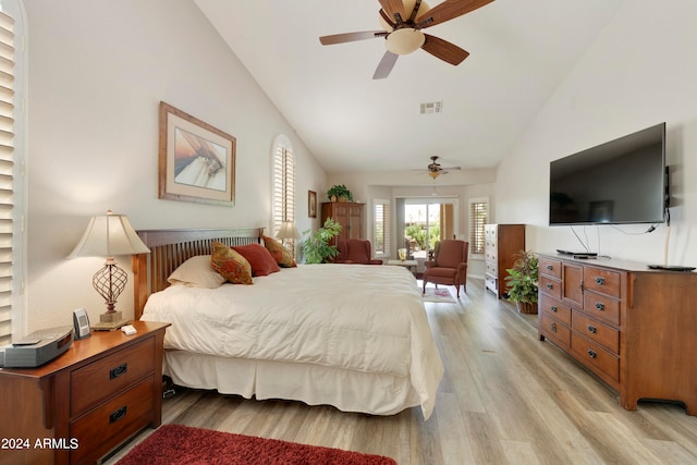 bedroom featuring high vaulted ceiling, ceiling fan, and light hardwood / wood-style floors